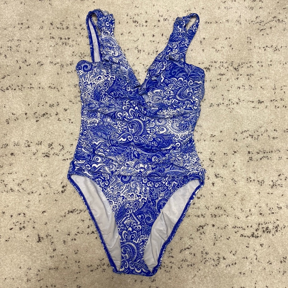 Ralph Lauren Blue and White One Piece Swimsuit